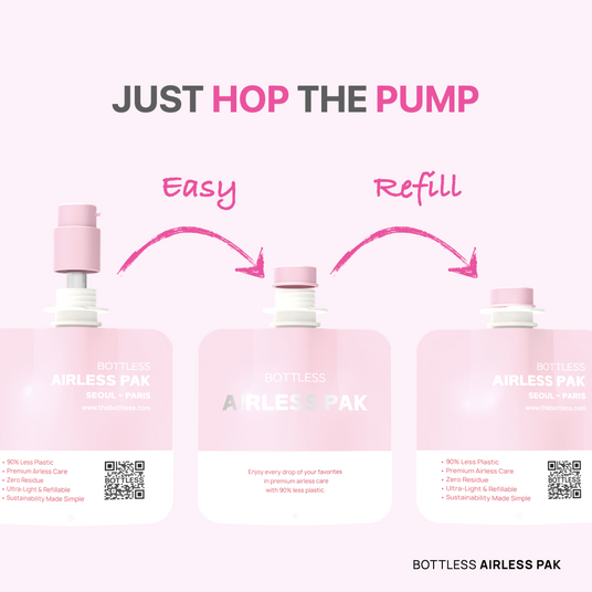 Bottless Airless Pak Mono refillable cosmetic packaging system with lightweight refill pouches and reusable dispenser.