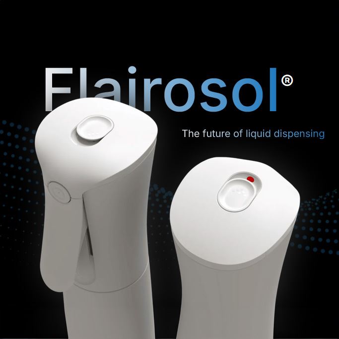 Flairosol refillable air-powered spray dispenser designed for repeated use and continuous fine mist dispensing.