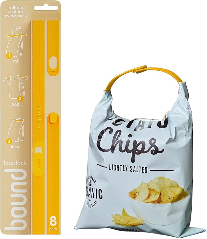 Bound Looplock reusable closure shown alongside a resealed bag of potato chips and retail packaging demonstrating the roll, loop and lock process.