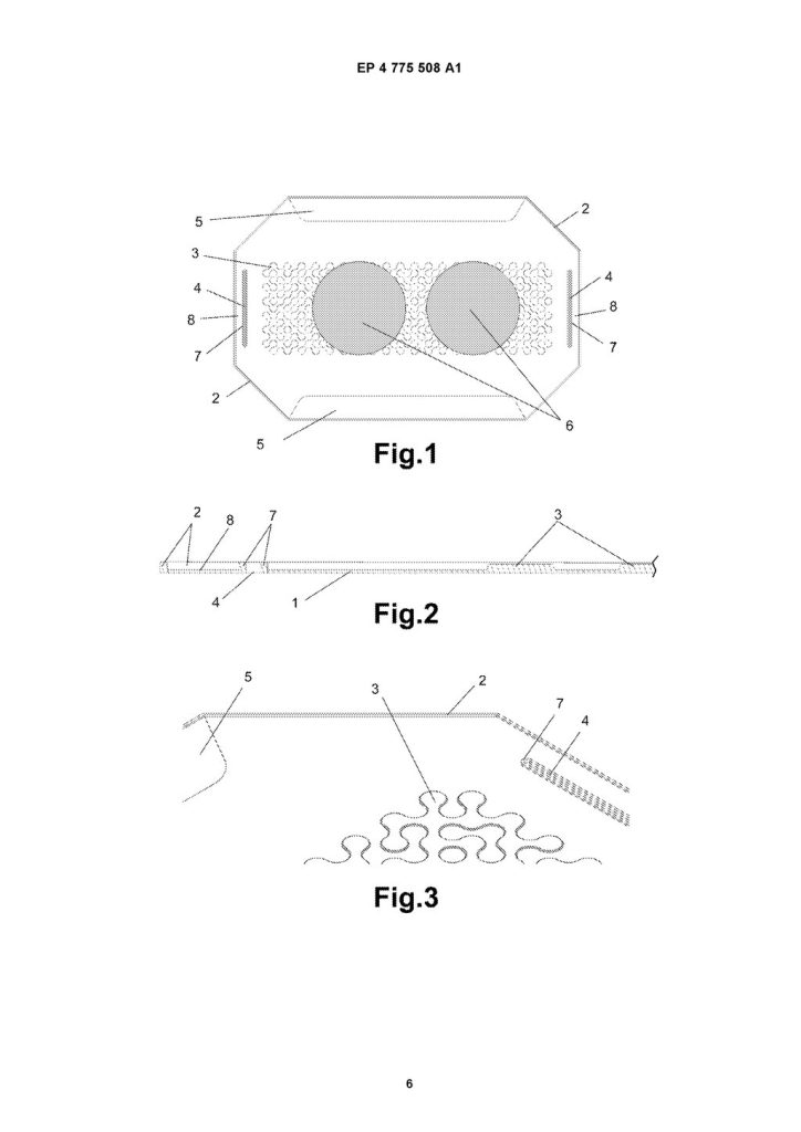 Patent drawings showing a rectangular food wrap with raised internal sections, perimeter edges and a folded side profile.