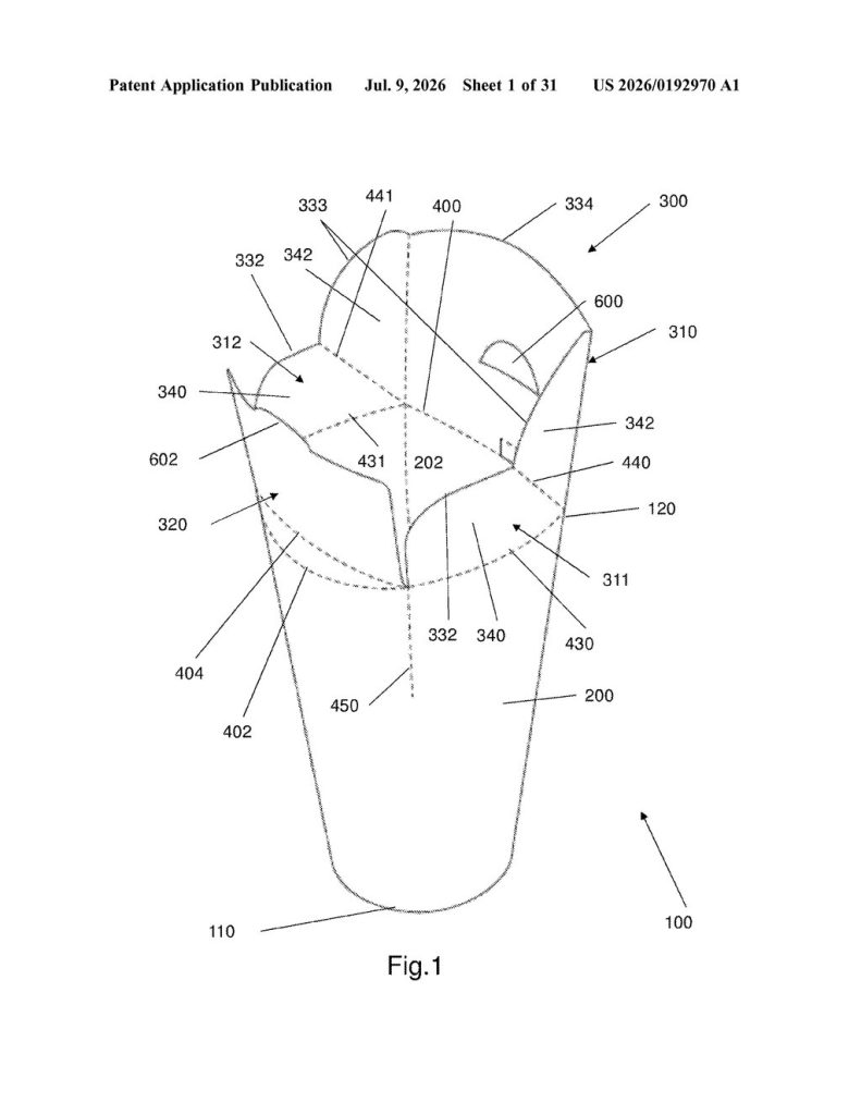 Patent drawing of a tall beverage cup with folding flaps extending across the top to form an integrated closure.