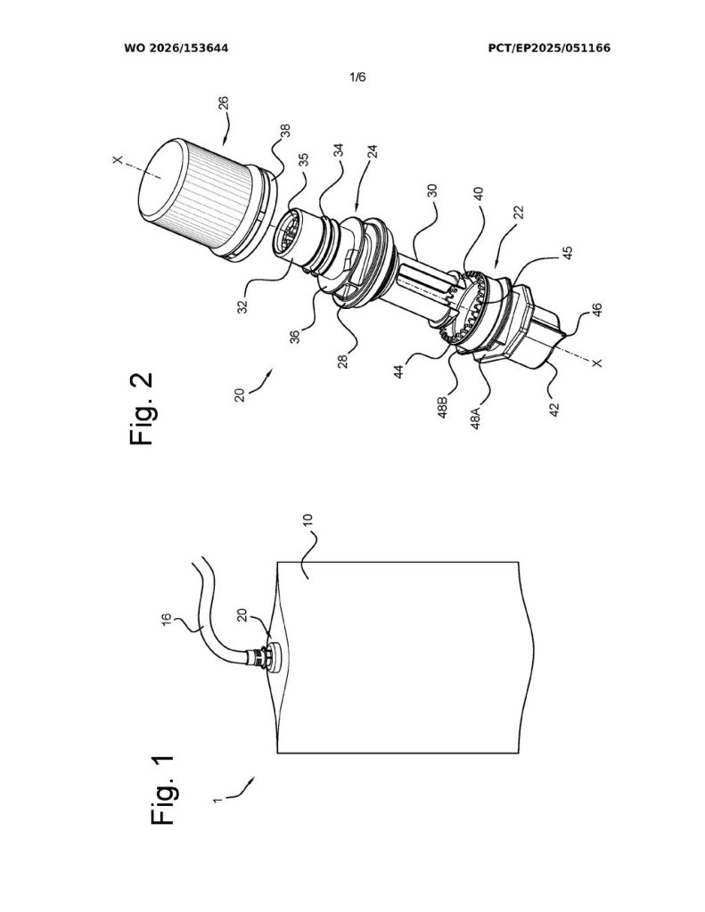 Patent drawings showing Nutricia’s flexible pouch and an exploded view of the modular outlet, spout and closure components.