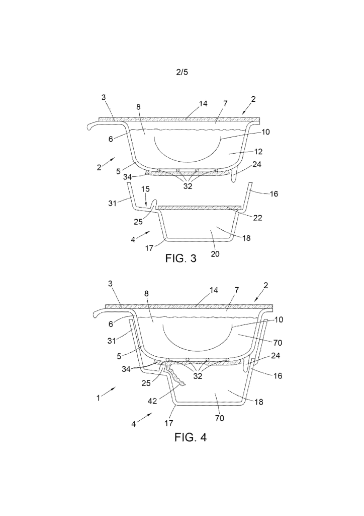 Patent drawings showing a contact lens blister positioned above a separate lower container in two configurations.
