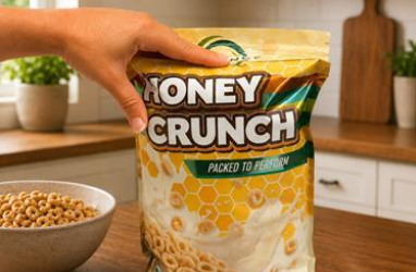 Hand holding a Honey Crunch cereal pouch with a box-like shape on a kitchen counter beside a bowl of cereal.