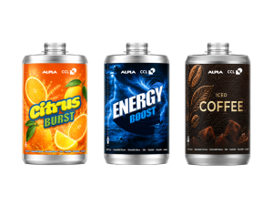 Three can-shaped beverage containers with Citrus Burst, Energy Boost and Iced Coffee label designs.